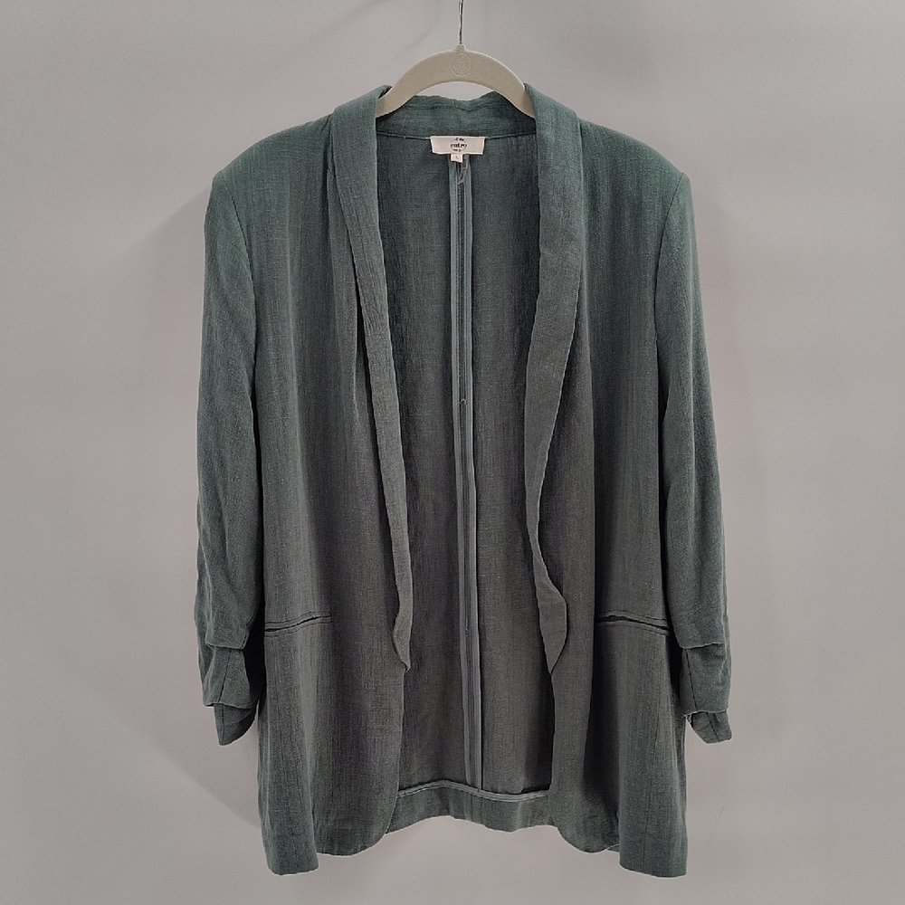 Entro Linen Blend Open Blazer Size Large Green Ruched 3/4 Sleeves
